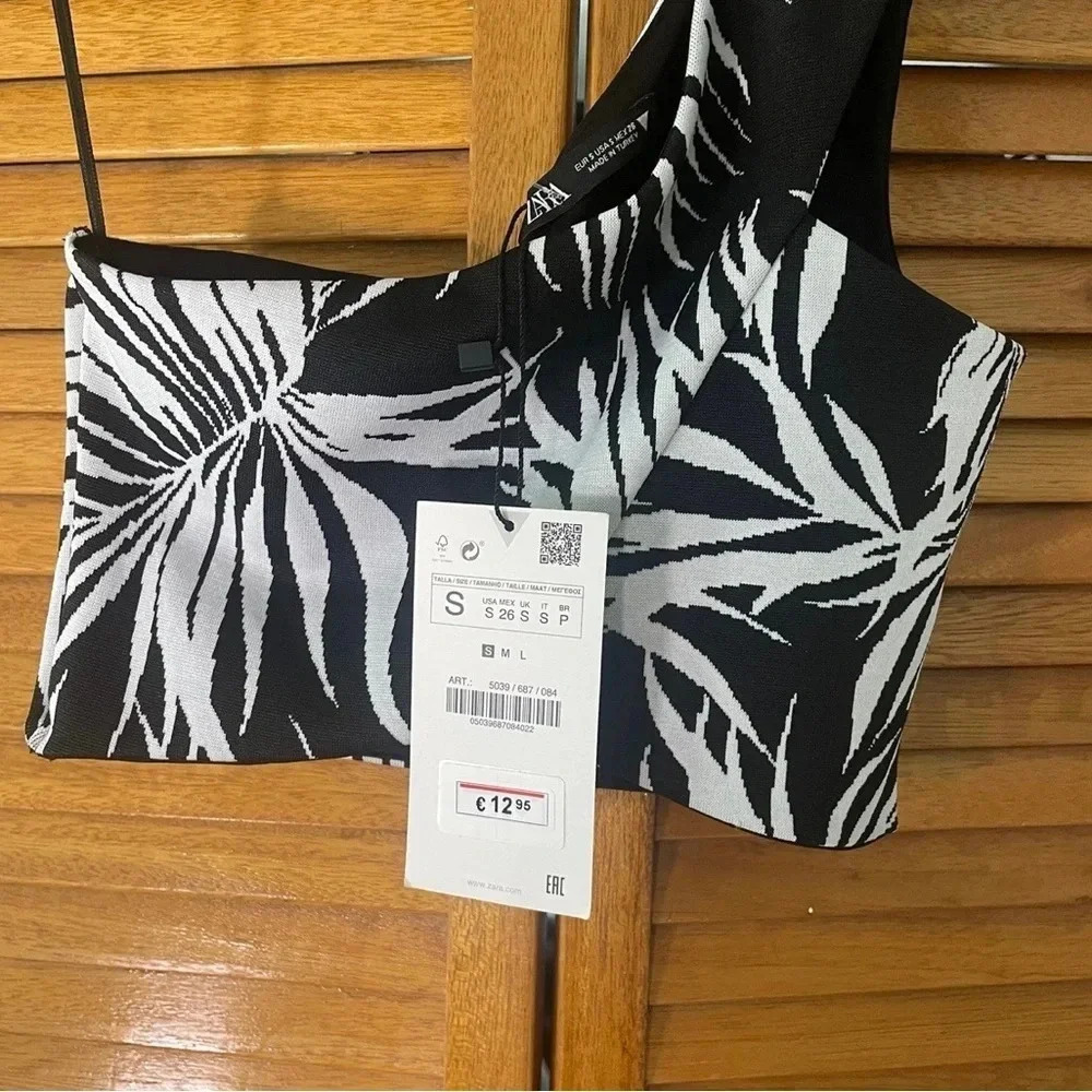 Zara One Shoulder Palm Print Jacquard Cross Over Crop Top S NWT - Picture 4 of 5